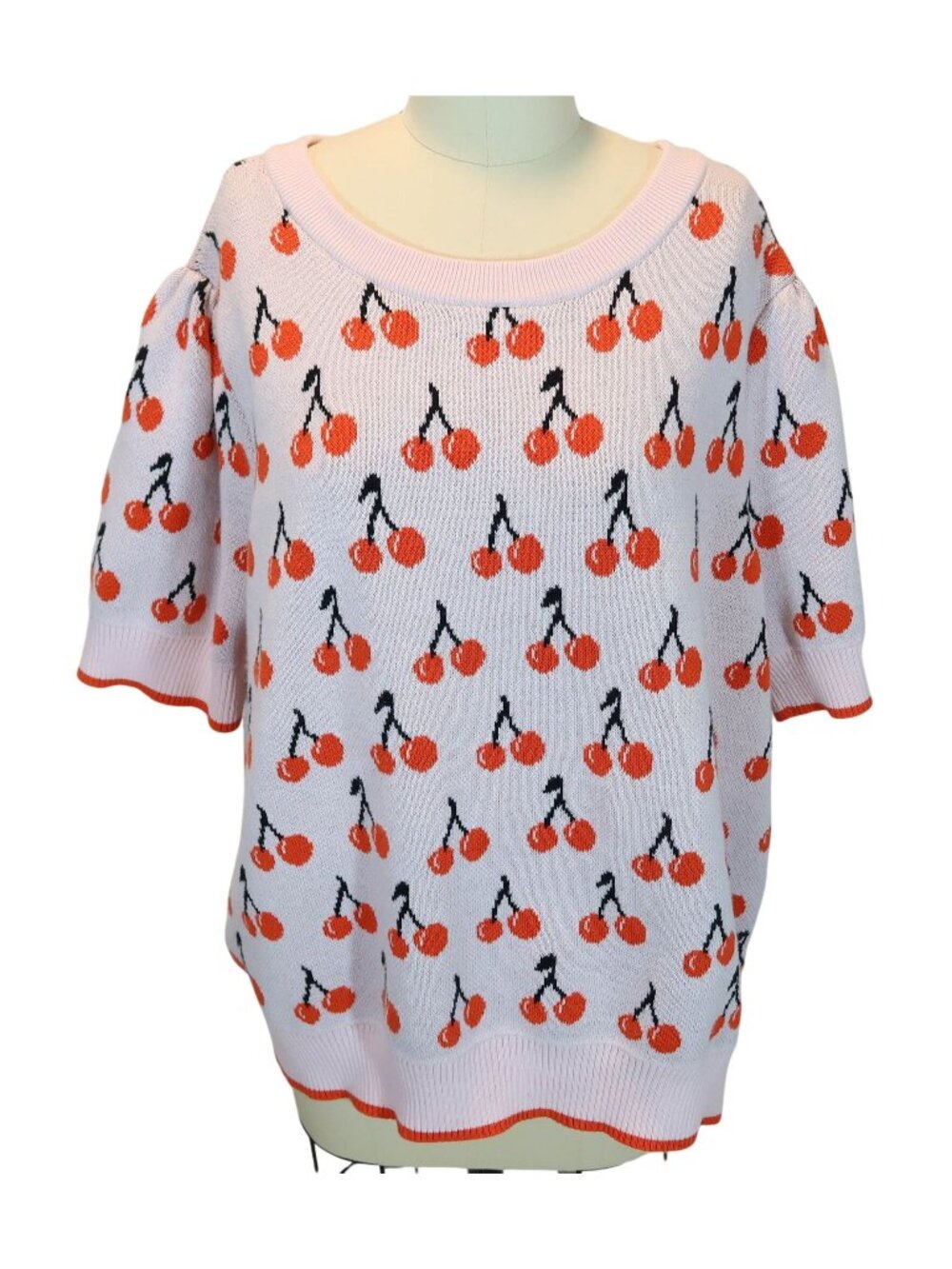 ON 34TH Cherry Print Short Sleeve Cotton Blend Sweater Size 3X Novelty Kawaii